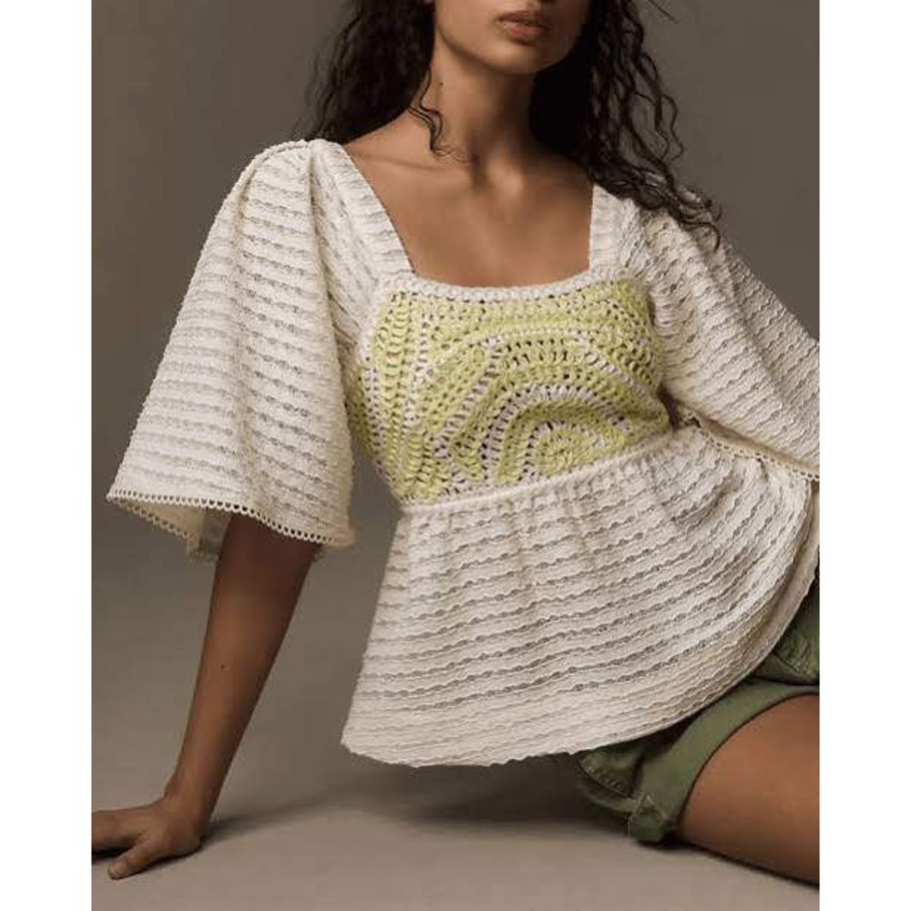 Anthropologie Sarah Hann Crochet Top Cream Peplum Boho Cottagecore Babydoll